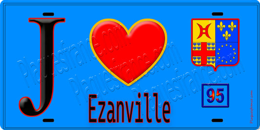 Plaque métal décorative  J' ❤️Ézanville, Val d'Oise (95) fond bleu