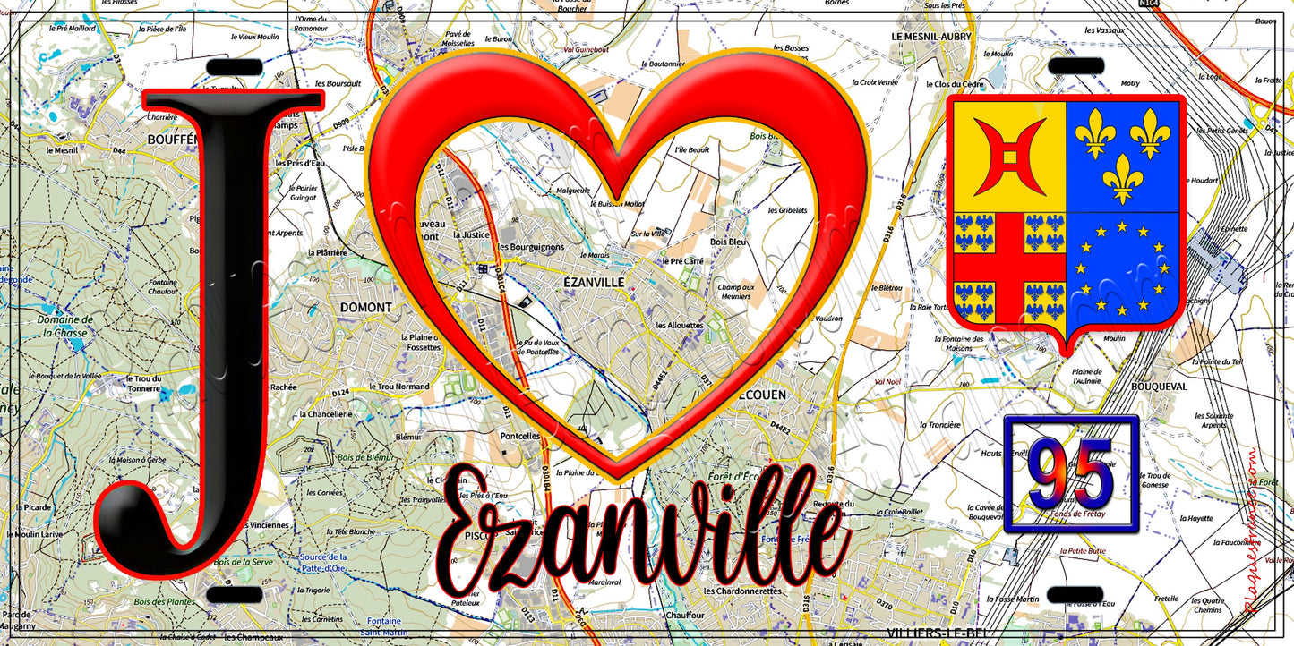 Plaque métal décorative  J' ❤️Ézanville, Val d'Oise (95) fond carte