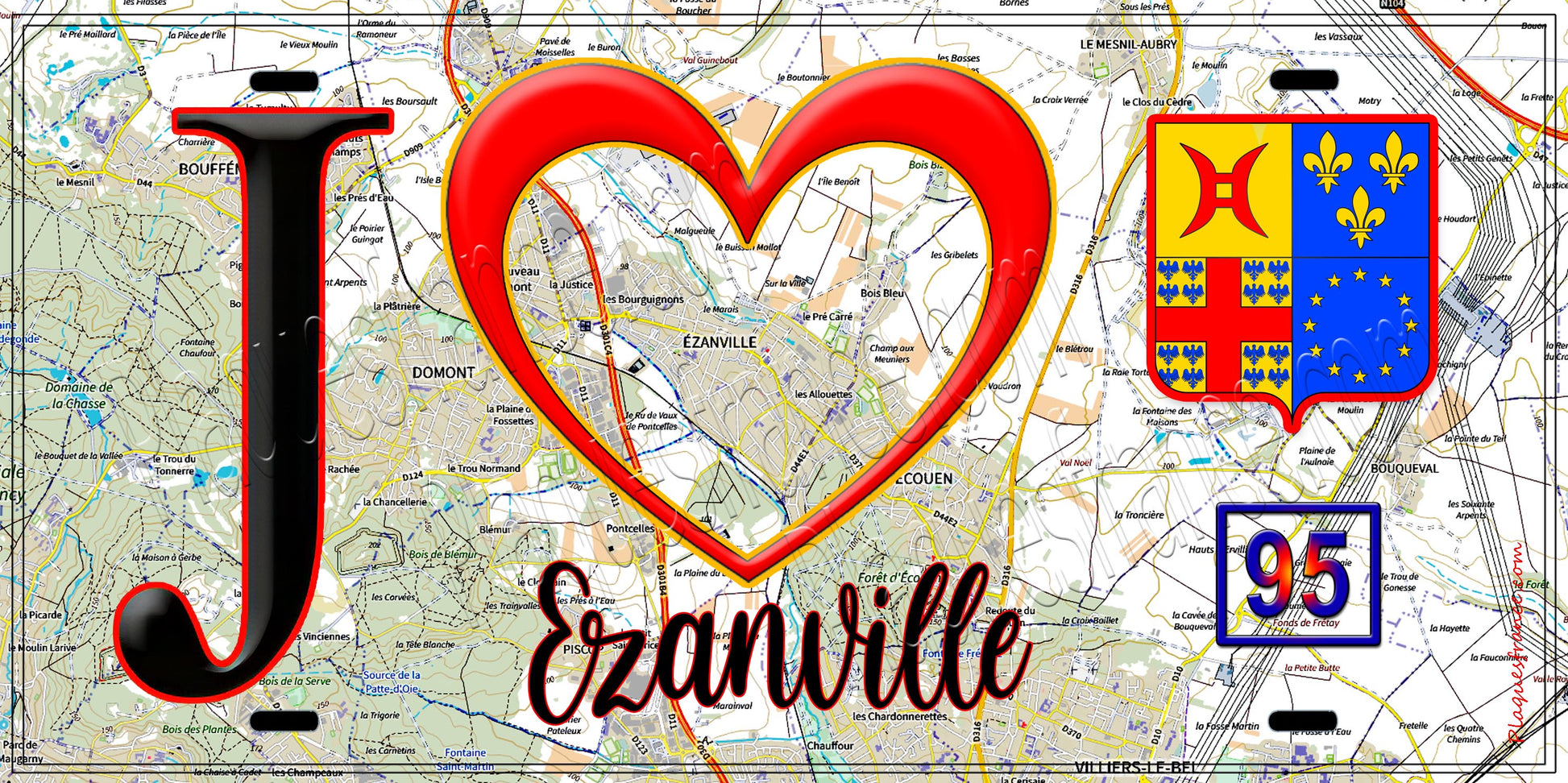 Plaque métal décorative  J' ❤️Ézanville, Val d'Oise (95) fond carte