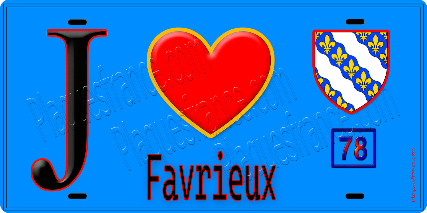 Plaque métal décorative  J' ❤️ Favrieux, Yvelines (78) fond bleu