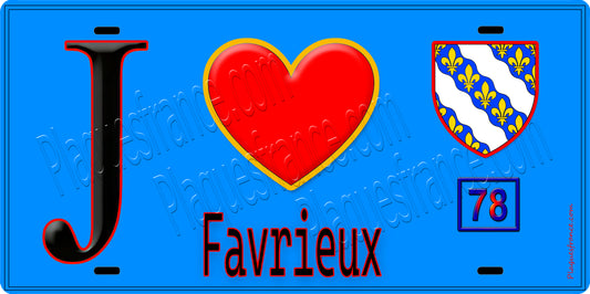 Plaque métal décorative  J' ❤️ Favrieux, Yvelines (78) fond bleu