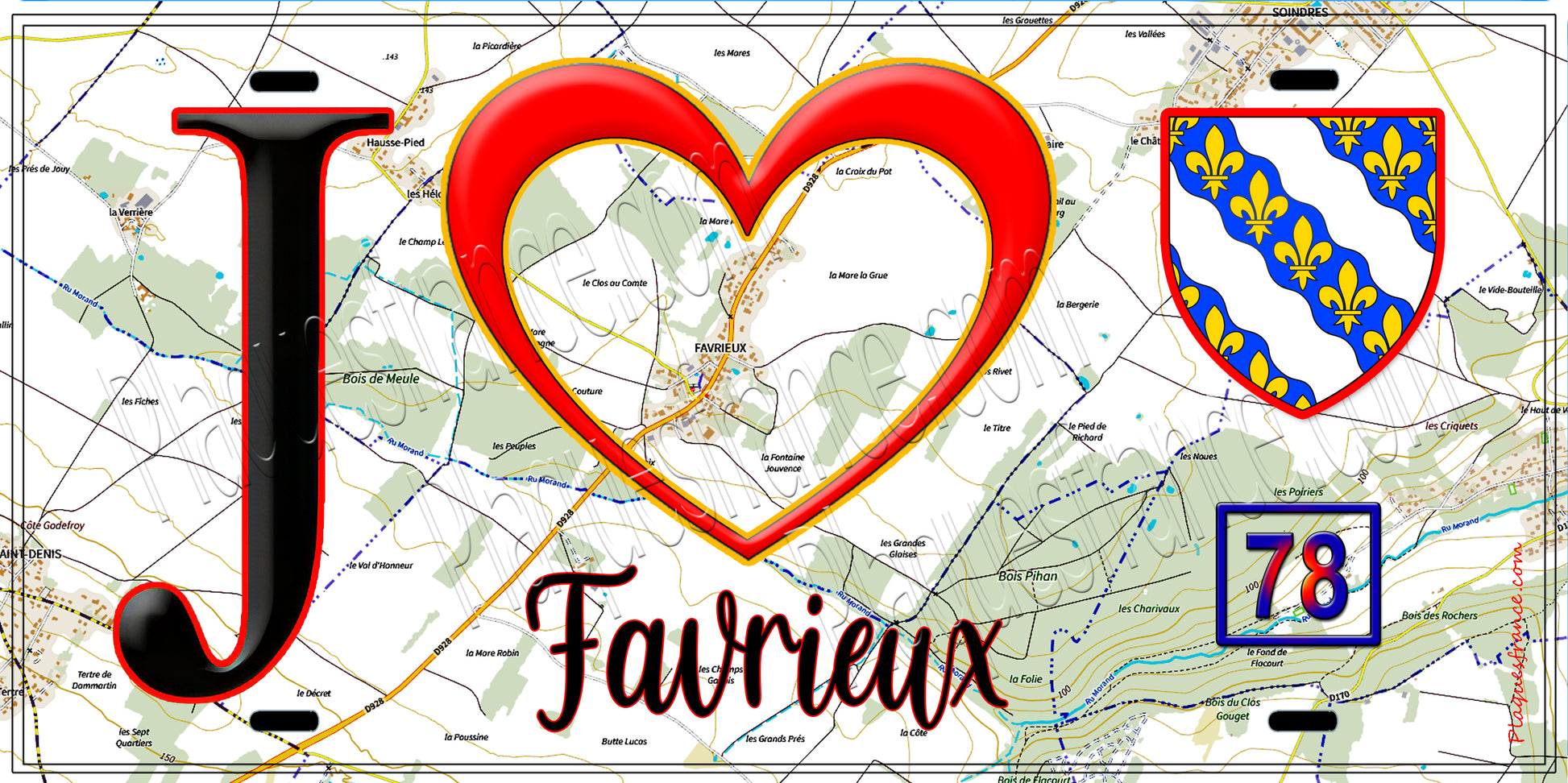 Plaque métal décorative  J' ❤️ Favrieux, Yvelines (78) fond  carte