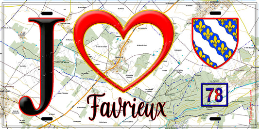 Plaque métal décorative  J' ❤️ Favrieux, Yvelines (78) fond  carte
