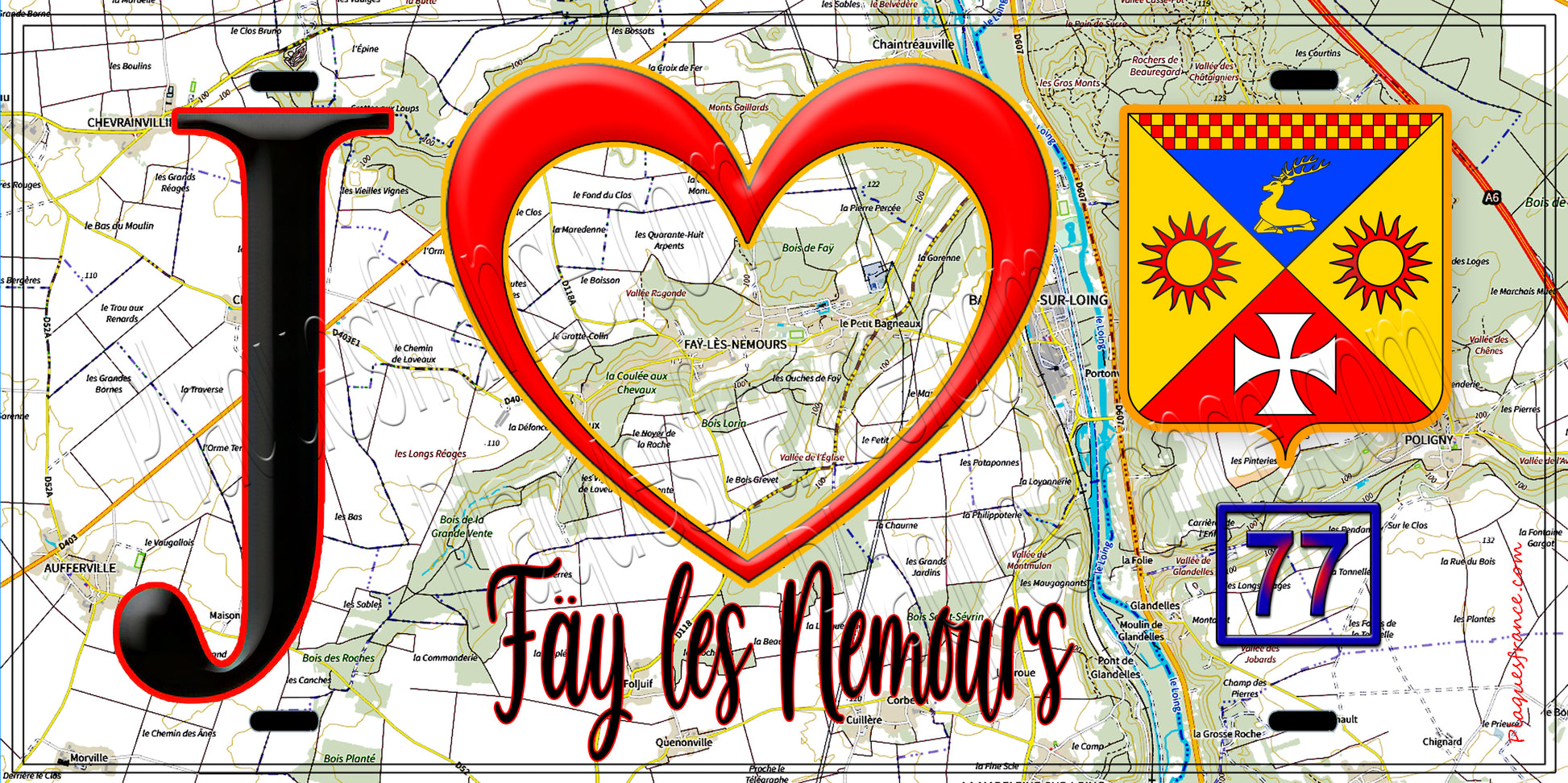 Plaque métal décorative  J' ❤️Faÿ-lès-Nemours, Seine et Marne (77) fond carte