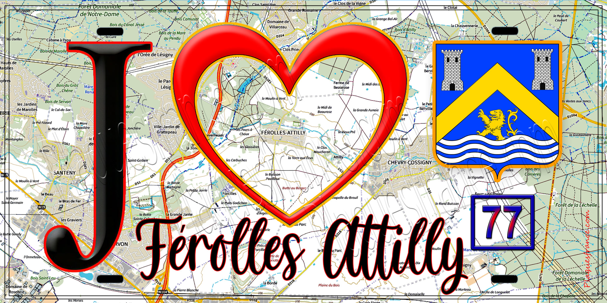 Plaque métal décorative  J' ❤️Férolles-Attilly, Seine et Marne (77) fond carte
