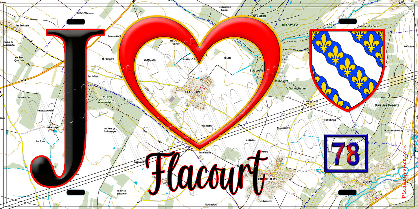 Plaque métal décorative  J' ❤️ Flacourt, Yvelines (78) fond carte