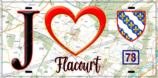 Plaque métal décorative  J' ❤️ Flacourt, Yvelines (78) fond carte