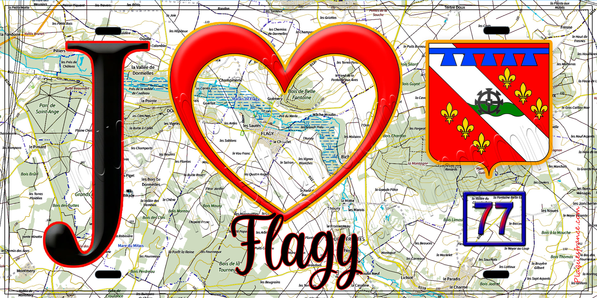 Plaque métal décorative  J' ❤️Flagy, Seine et Marne (77) fond carte