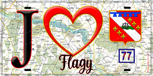 Plaque métal décorative  J' ❤️Flagy, Seine et Marne (77) fond carte