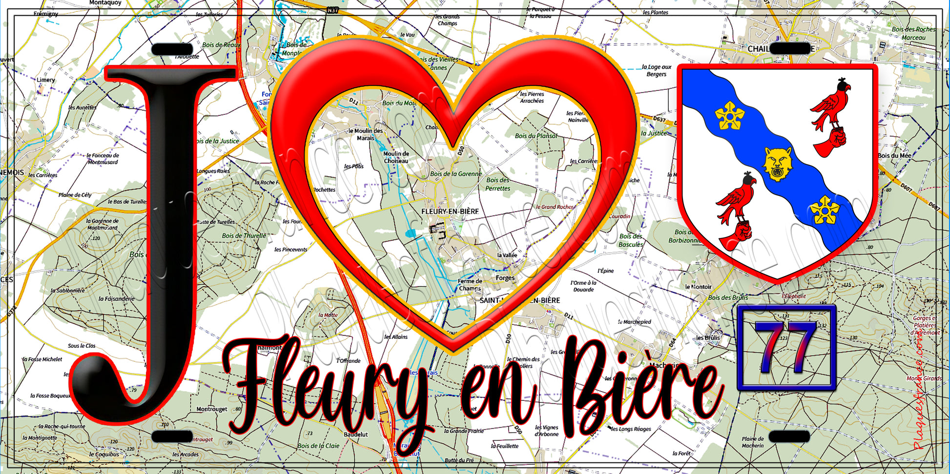 Plaque métal décorative  J' ❤️Fleury-en-Bière, Seine et Marne (77) fond carte