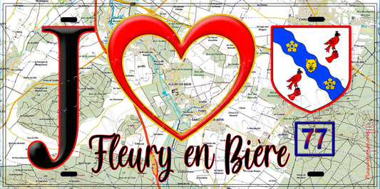 Plaque métal décorative  J' ❤️Fleury-en-Bière, Seine et Marne (77) fond carte