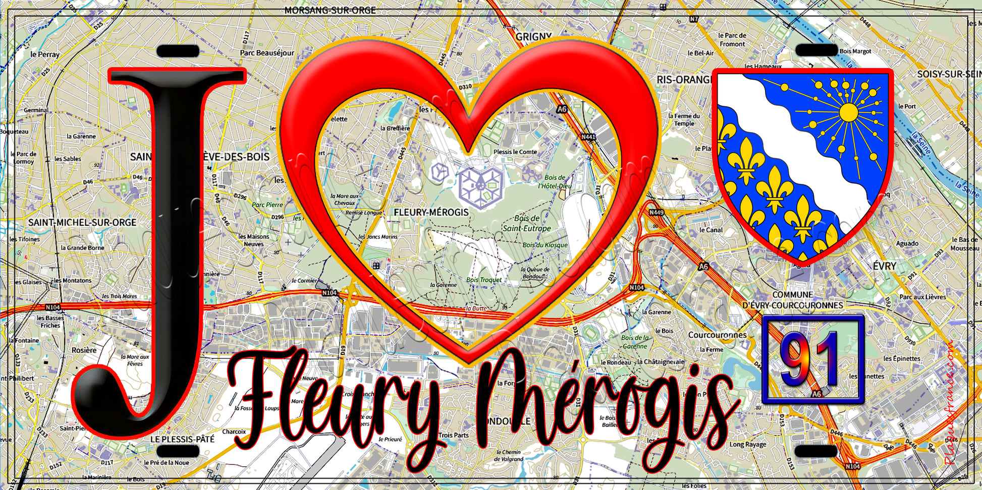 Plaque métal décorative  J' ❤️Fleury-Mérogis, Essonne (91) fond carte