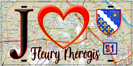 Plaque métal décorative  J' ❤️Fleury-Mérogis, Essonne (91) fond carte