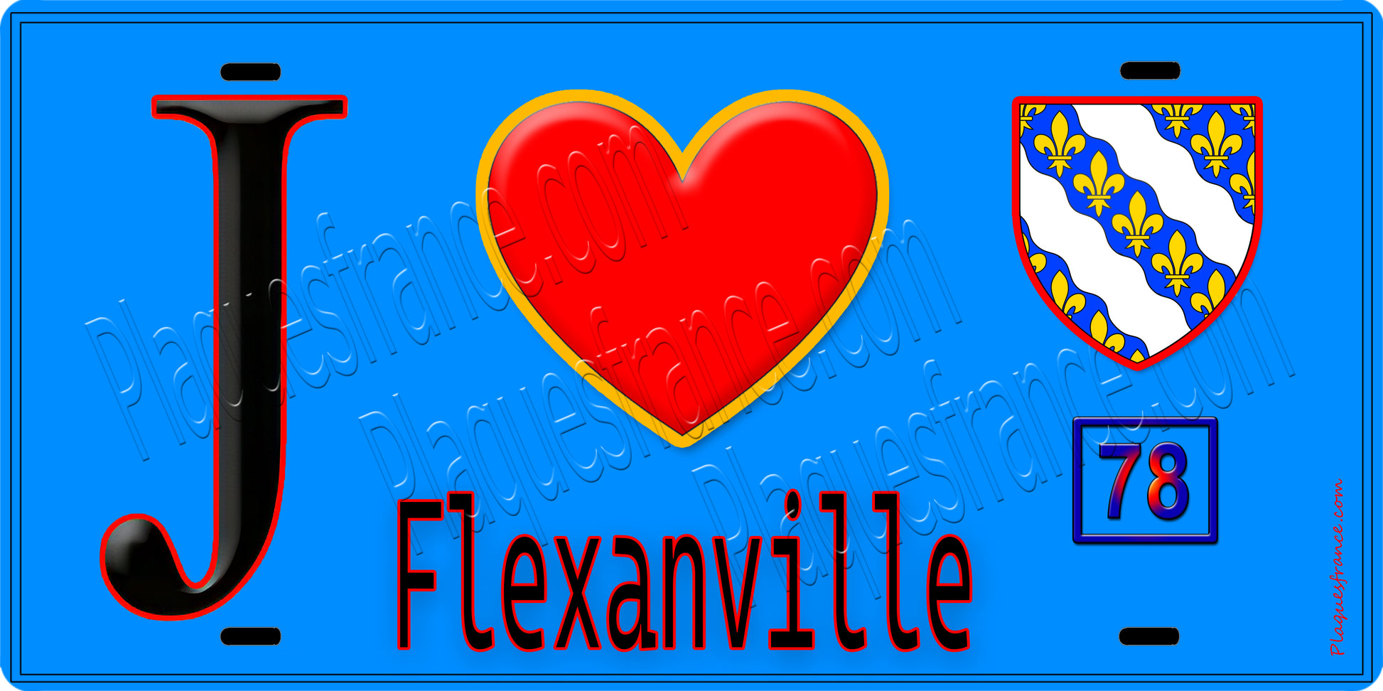 Plaque métal décorative  J' ❤️ Flexanville, Yvelines (78) fond bleu