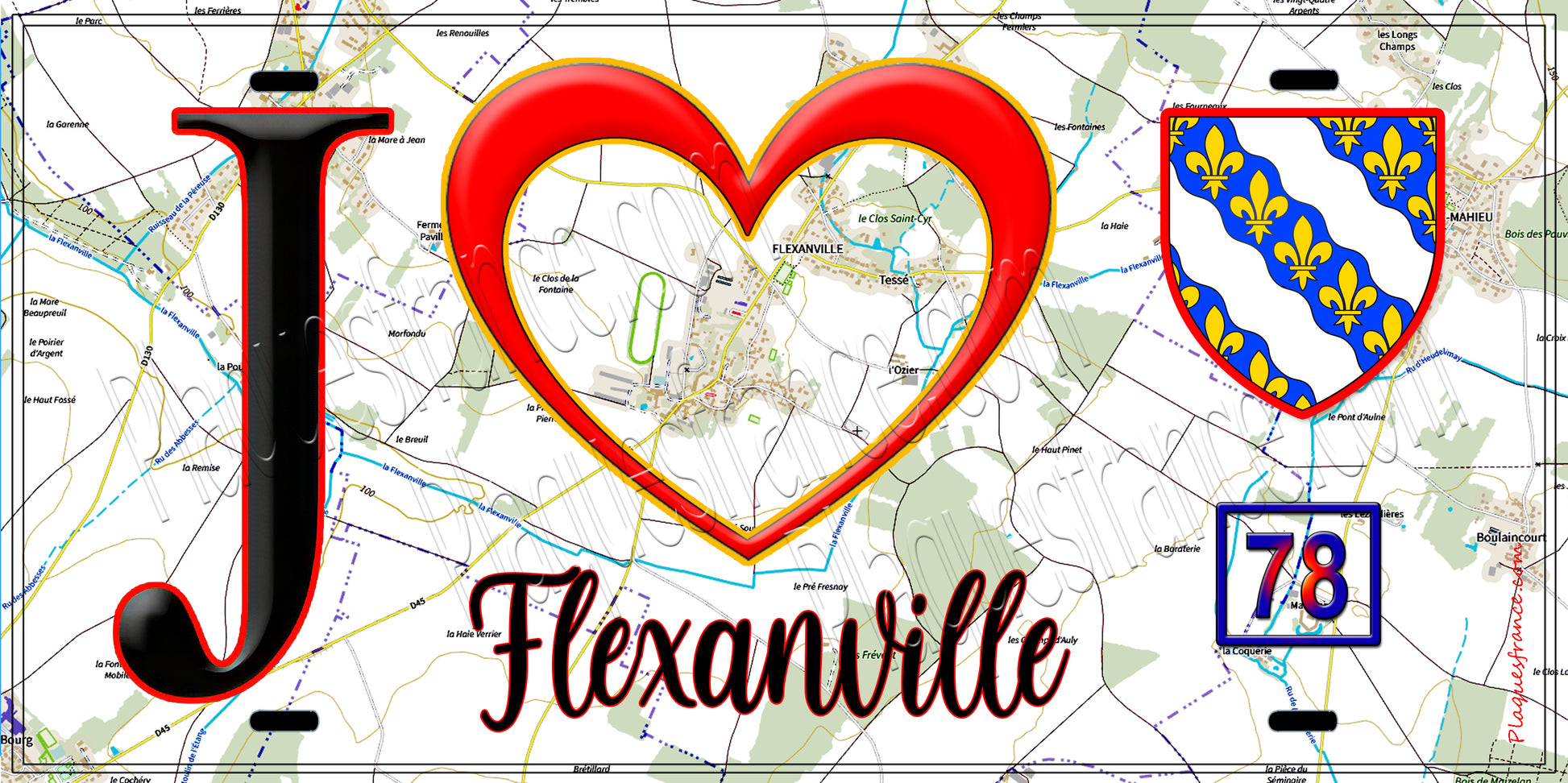 Plaque métal décorative  J' ❤️ Flexanville, Yvelines (78) fond carte