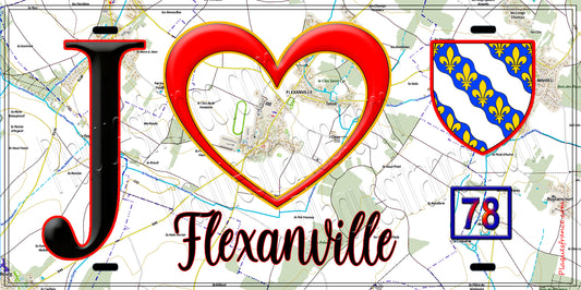 Plaque métal décorative  J' ❤️ Flexanville, Yvelines (78) fond carte