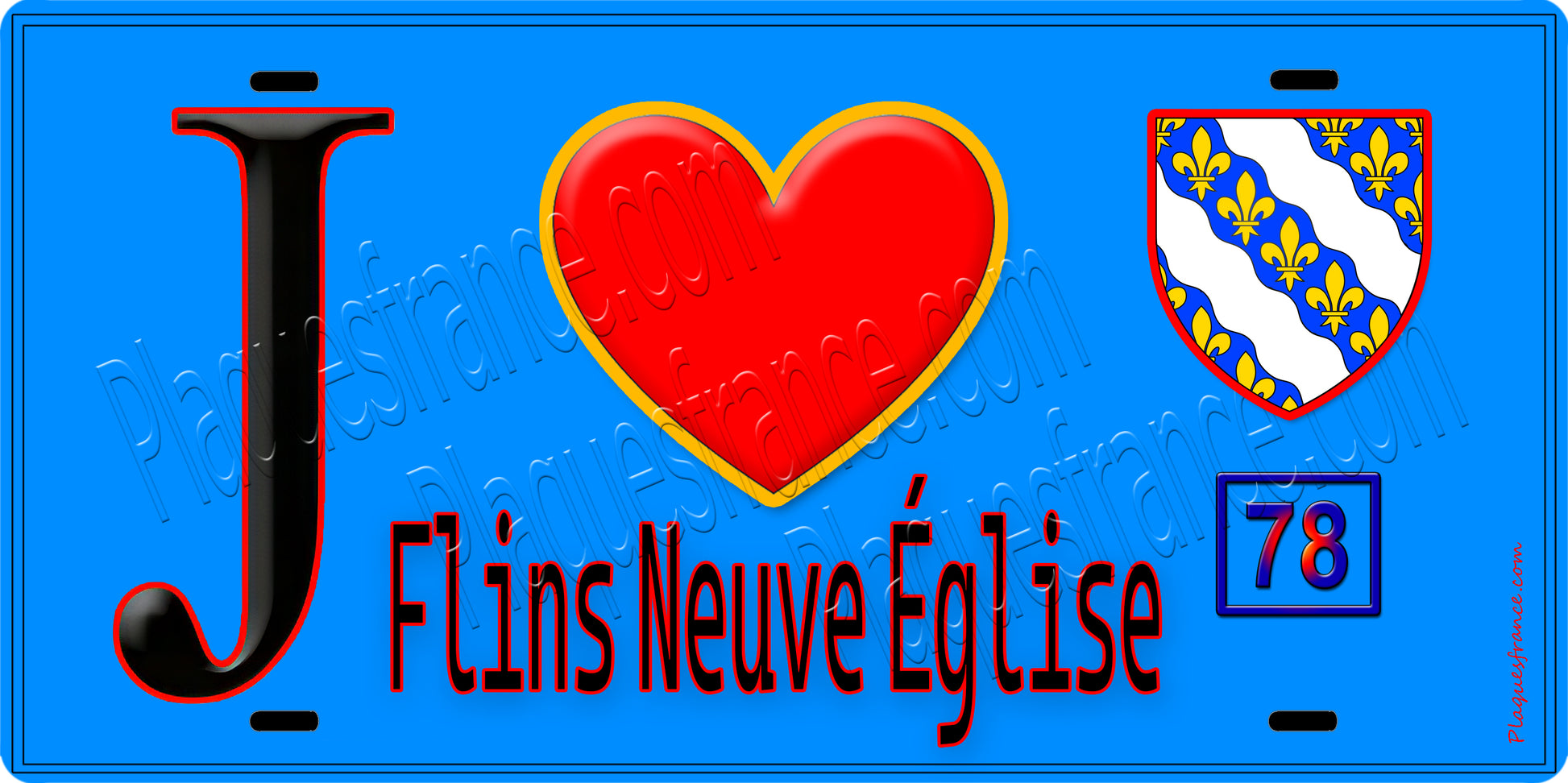 Plaque métal décorative  J' ❤️ Flins-Neuve-Église, Yvelines (78) fond bleu