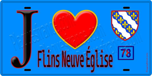 Plaque métal décorative  J' ❤️ Flins-Neuve-Église, Yvelines (78) fond bleu