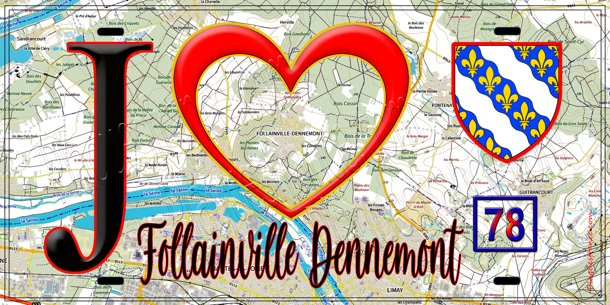 Plaque métal décorative  J' ❤️ Follainville-Dennemont, Yvelines (78) fond carte