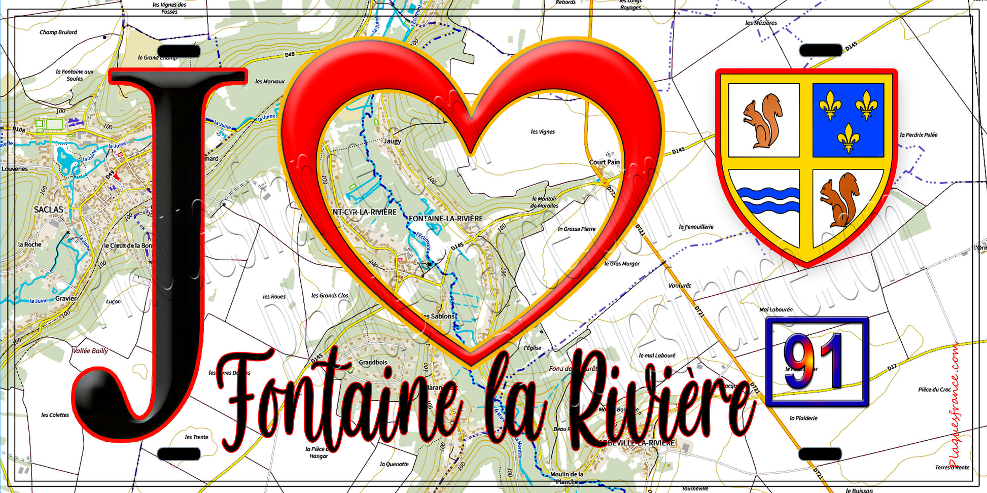 Plaque métal décorative  J' ❤️Fontaine-la-Rivière, Essonne (91) fond carte