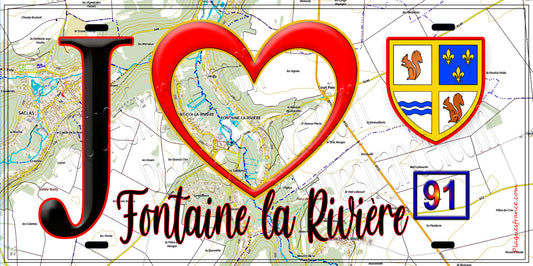 Plaque métal décorative  J' ❤️Fontaine-la-Rivière, Essonne (91) fond carte