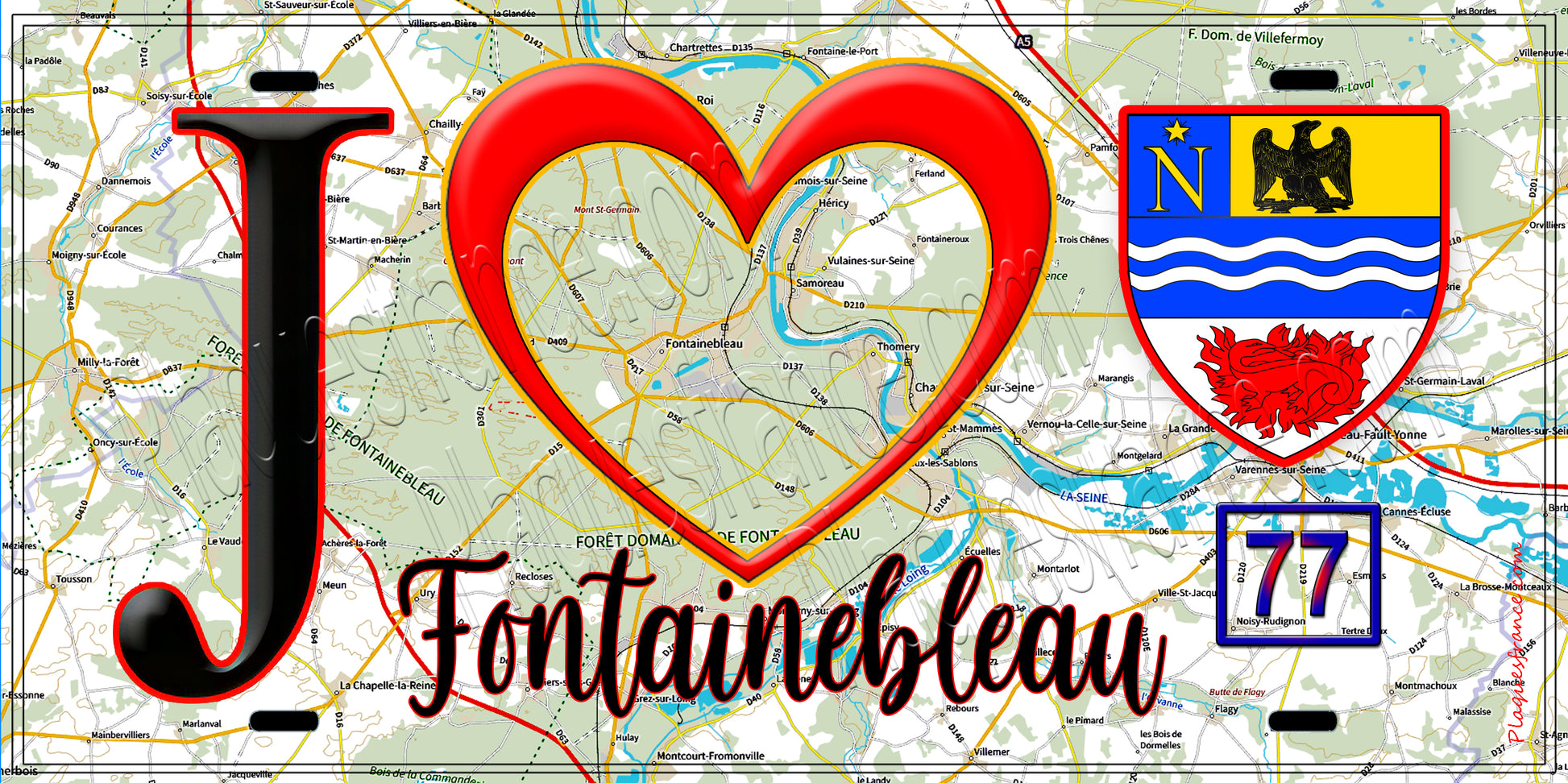 Plaque métal décorative  J' ❤️Fontainebleau, Seine et Marne (77) fond carte