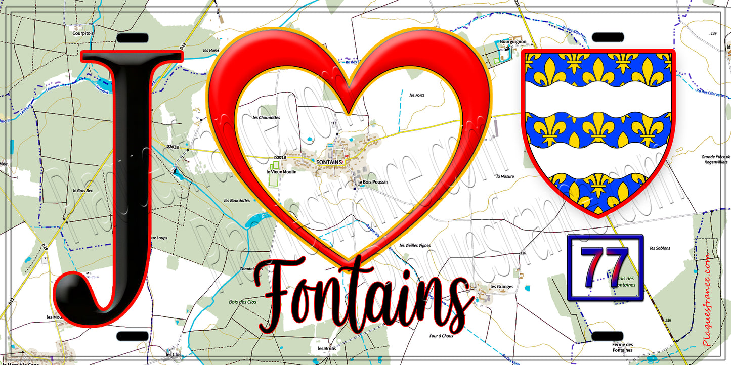 Plaque métal décorative  J' ❤️Fontains, Seine et Marne (77) fond carte