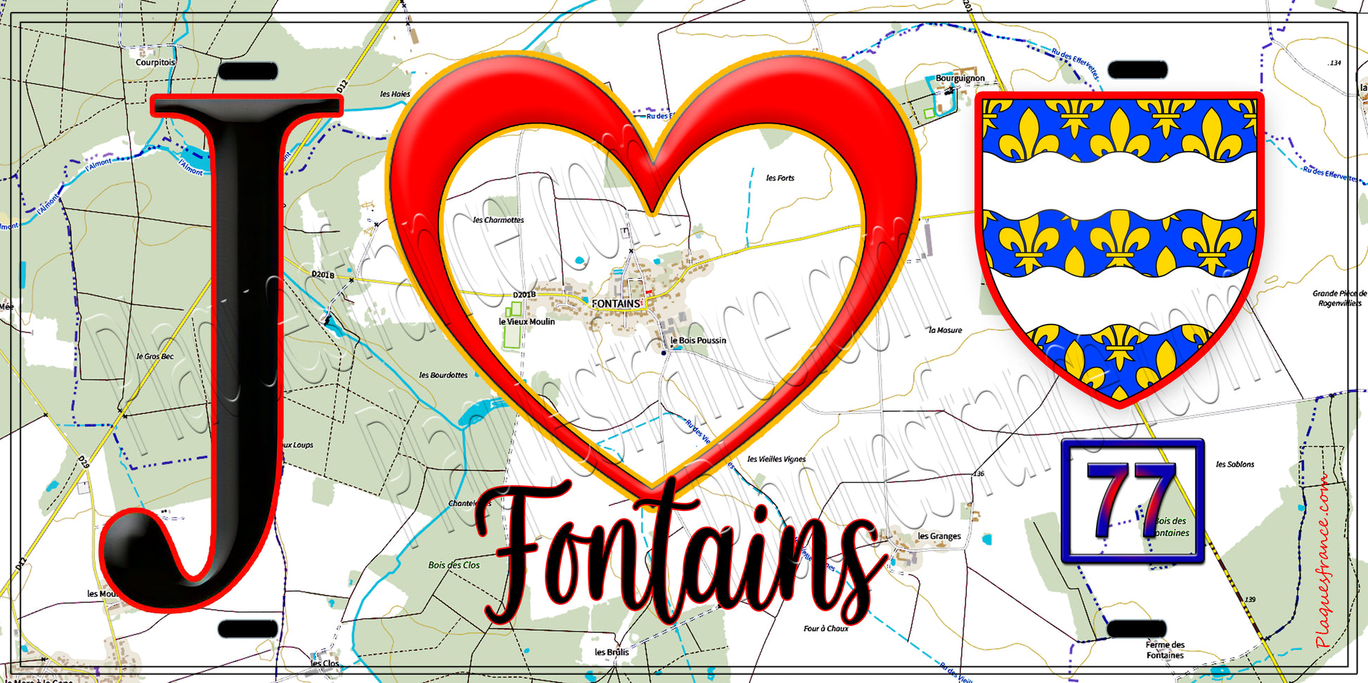 Plaque métal décorative  J' ❤️Fontains, Seine et Marne (77) fond carte