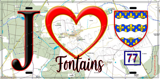 Plaque métal décorative  J' ❤️Fontains, Seine et Marne (77) fond carte