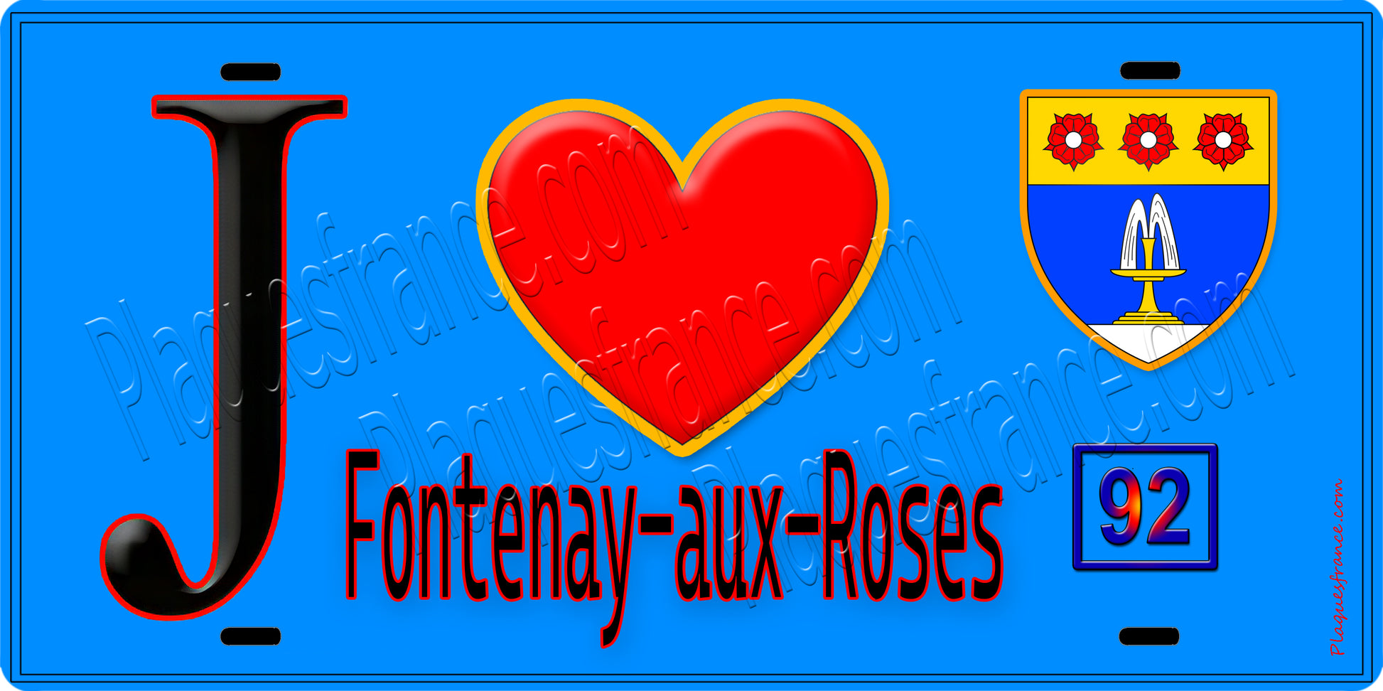 Plaque métal décorative  J' ❤️ Fontenay-aux-Roses, Hauts de Seine (92) fond bleu