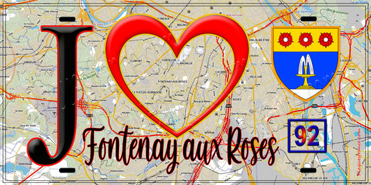 Plaque métal décorative  J' ❤️ Fontenay-aux-Roses, Hauts de Seine (92) fond carte