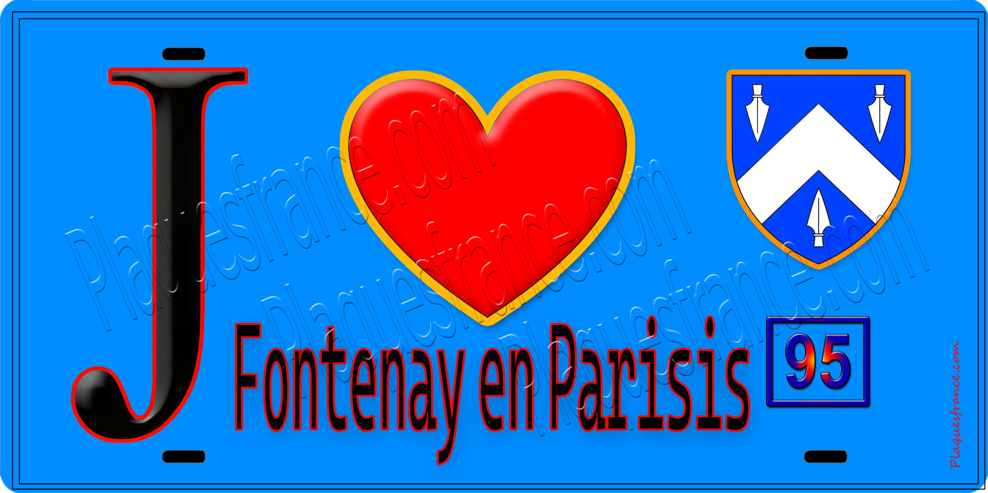 Plaque métal décorative  J' ❤️Fontenay-en-Parisis, Val d'Oise (95) fond bleu