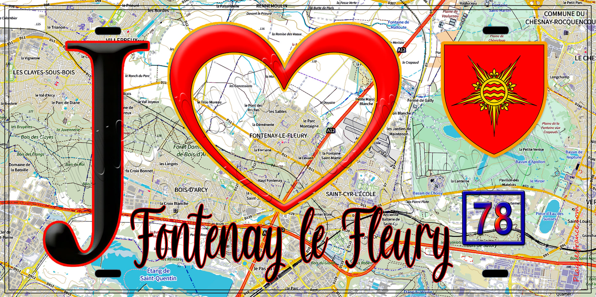 Plaque métal décorative  J' ❤️ Fontenay-le-Fleury, Yvelines (78) carte