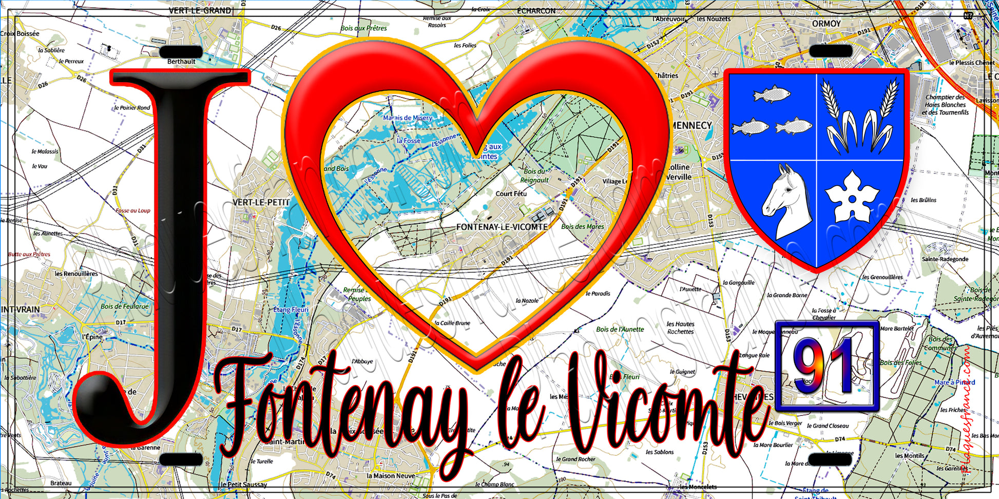 Plaque métal décorative  J' ❤️Fontenay-le-Vicomte, Essonne (91) fond carte