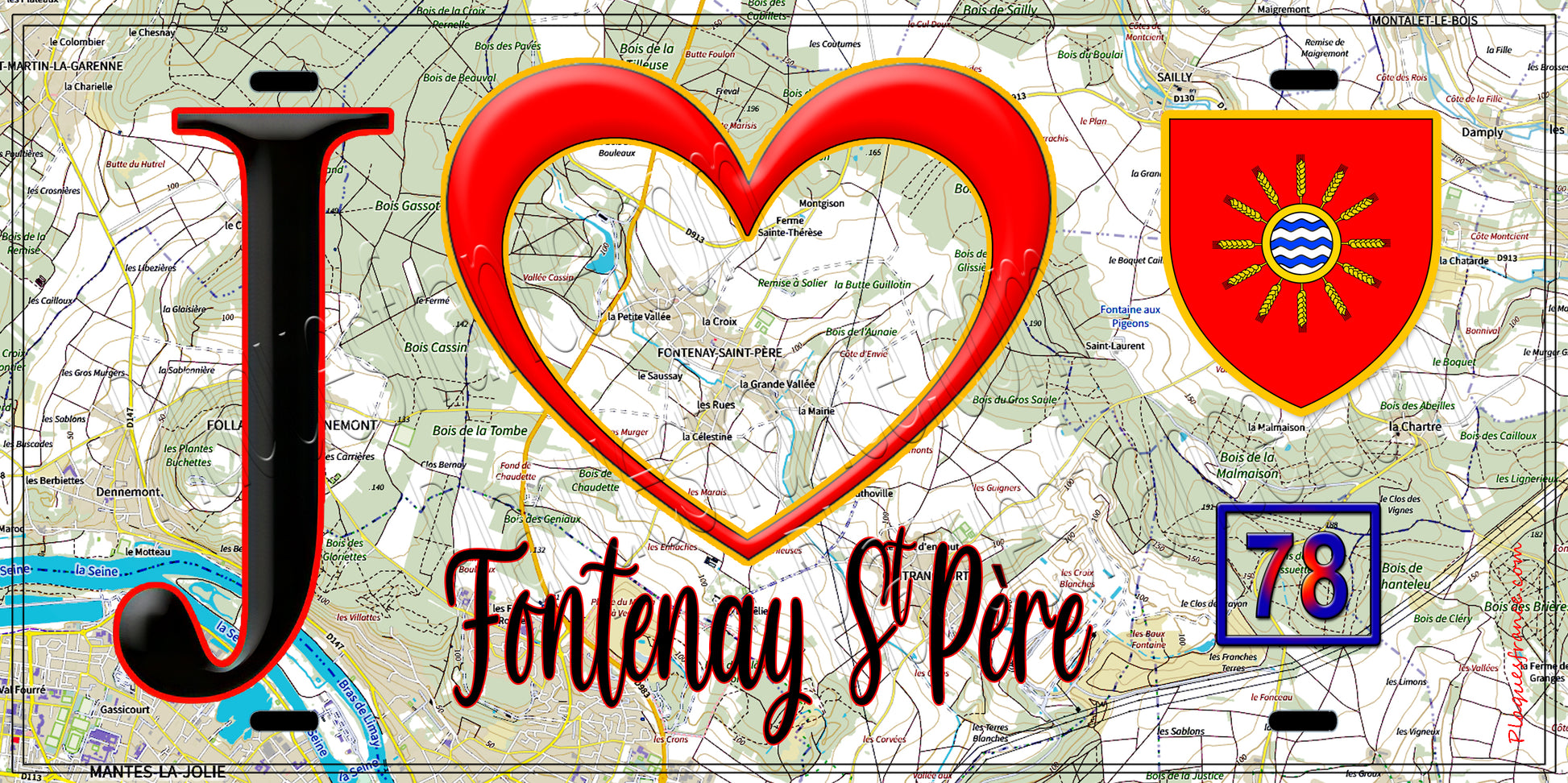 Plaque métal décorative  J' ❤️ Fontenay-Saint-Père, Yvelines (78) fond carte