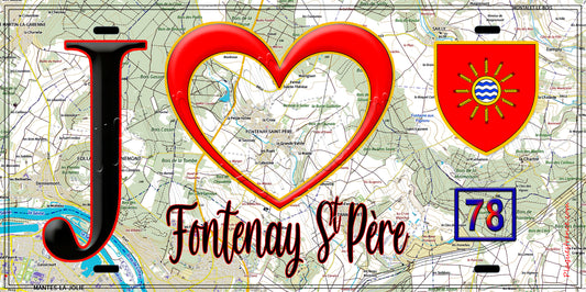 Plaque métal décorative  J' ❤️ Fontenay-Saint-Père, Yvelines (78) fond carte