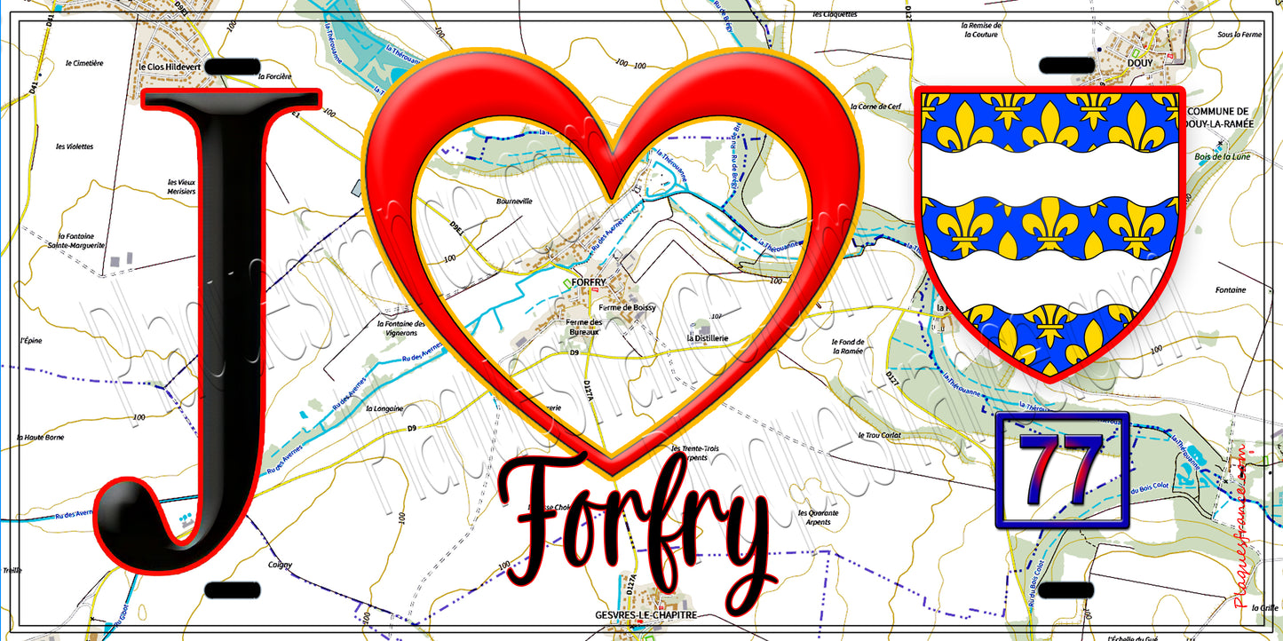 Plaque métal décorative  J' ❤️Forfry, Seine et Marne (77) fond carte