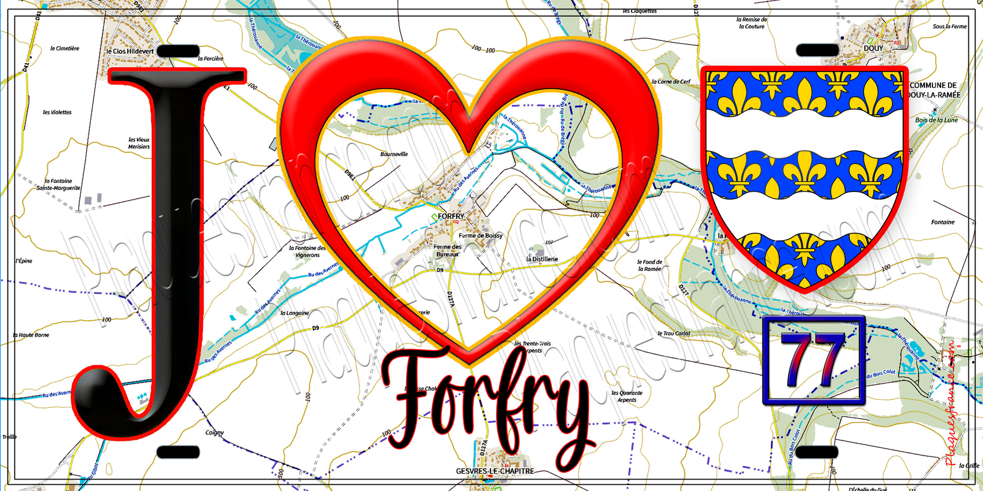 Plaque métal décorative  J' ❤️Forfry, Seine et Marne (77) fond carte
