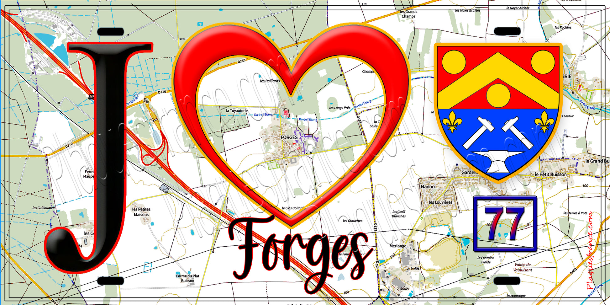 Plaque métal décorative  J' ❤️Forges, Seine et Marne (77) fond carte