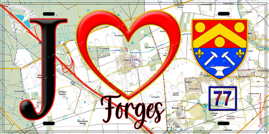 Plaque métal décorative  J' ❤️Forges, Seine et Marne (77) fond carte