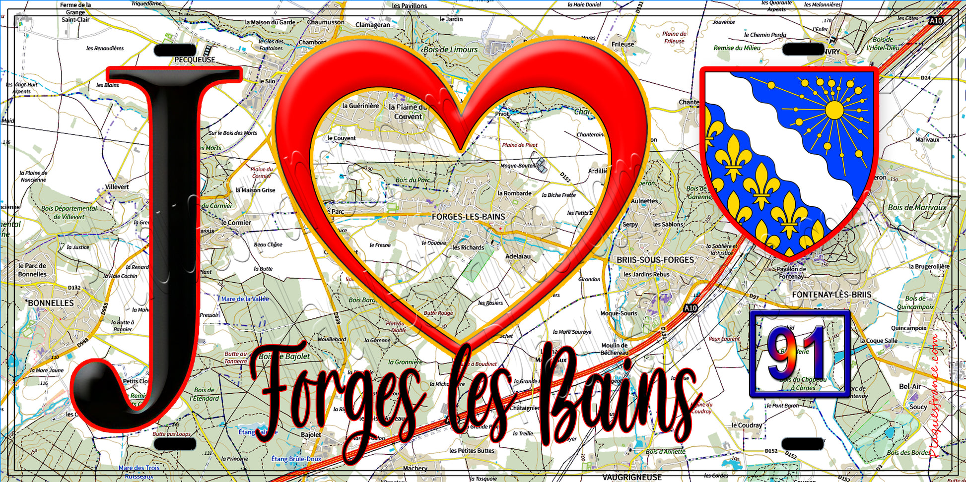 Plaque métal décorative  J' ❤️Forges-les-Bains, Essonne (91) fond carte