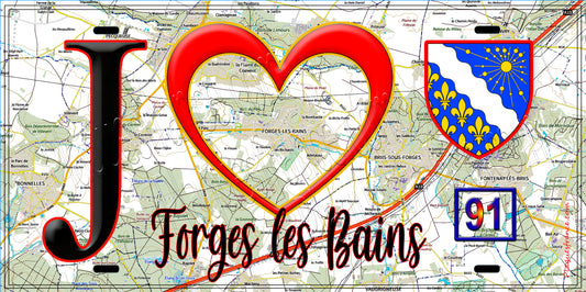 Plaque métal décorative  J' ❤️Forges-les-Bains, Essonne (91) fond carte
