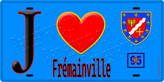 Plaque métal décorative  J' ❤️Frémainville, Val d'Oise (95) fond bleu