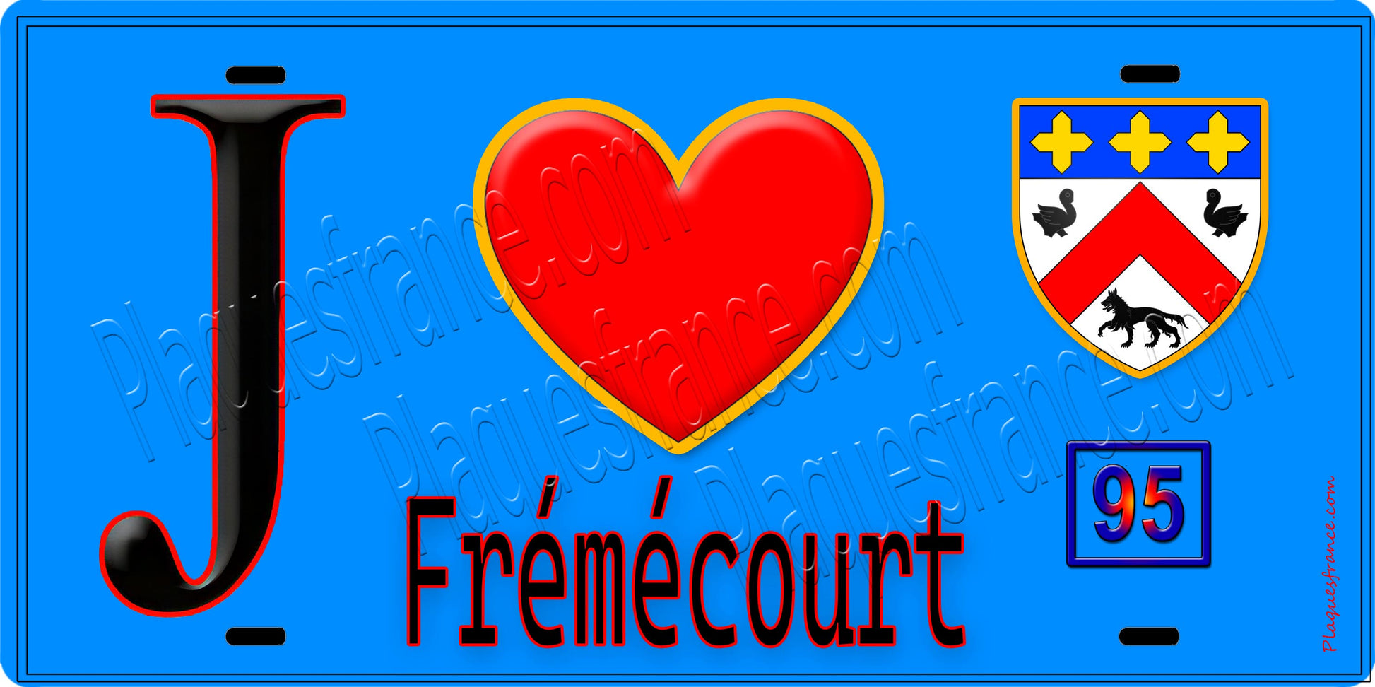 Plaque métal décorative  J' ❤️Frémécourt, Val d'Oise (95) fond bleu