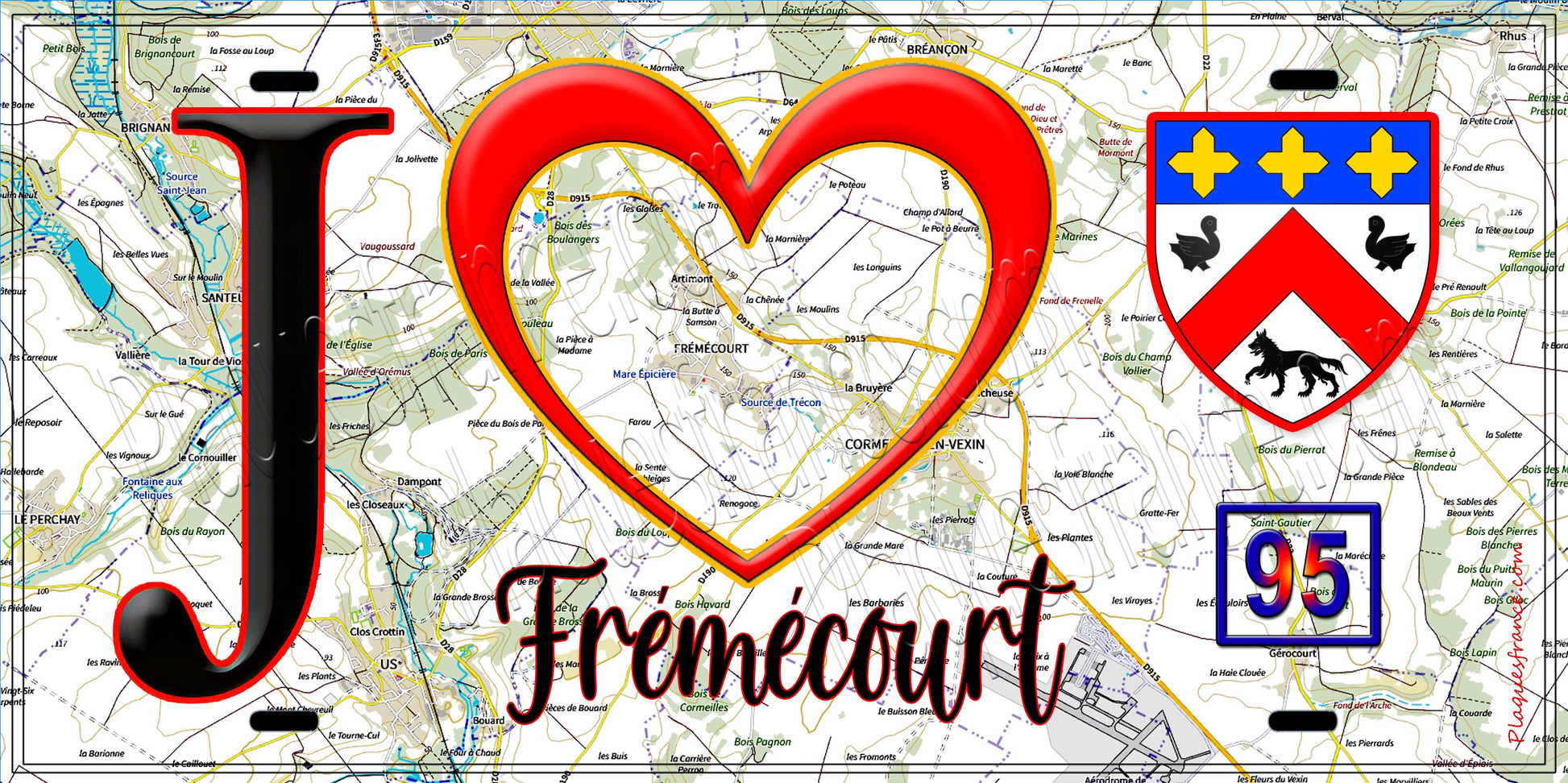 Plaque métal décorative  J' ❤️Frémécourt, Val d'Oise (95) fond carte