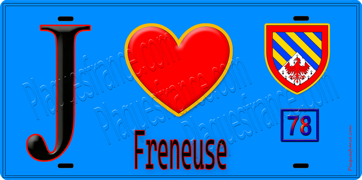 Plaque métal décorative  J' ❤️ Freneuse, Yvelines (78) fond bleu