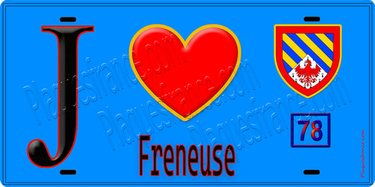 Plaque métal décorative  J' ❤️ Freneuse, Yvelines (78) fond bleu