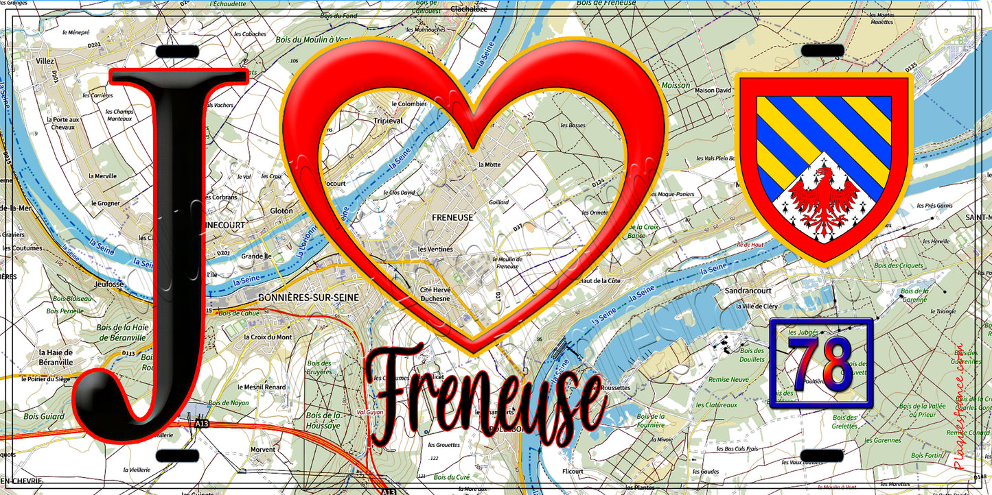 Plaque métal décorative  J' ❤️ Freneuse, Yvelines (78) fond carte