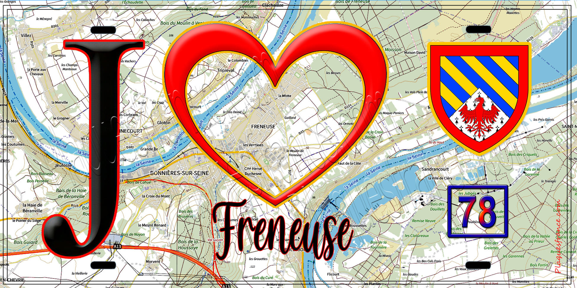 Plaque métal décorative  J' ❤️ Freneuse, Yvelines (78) fond carte