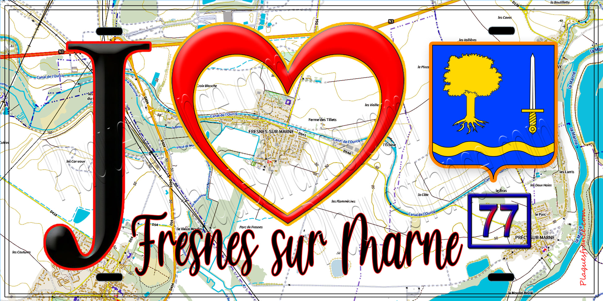 Plaque métal décorative  J' ❤️Fresnes-sur-Marne, Seine et Marne (77) fond carte